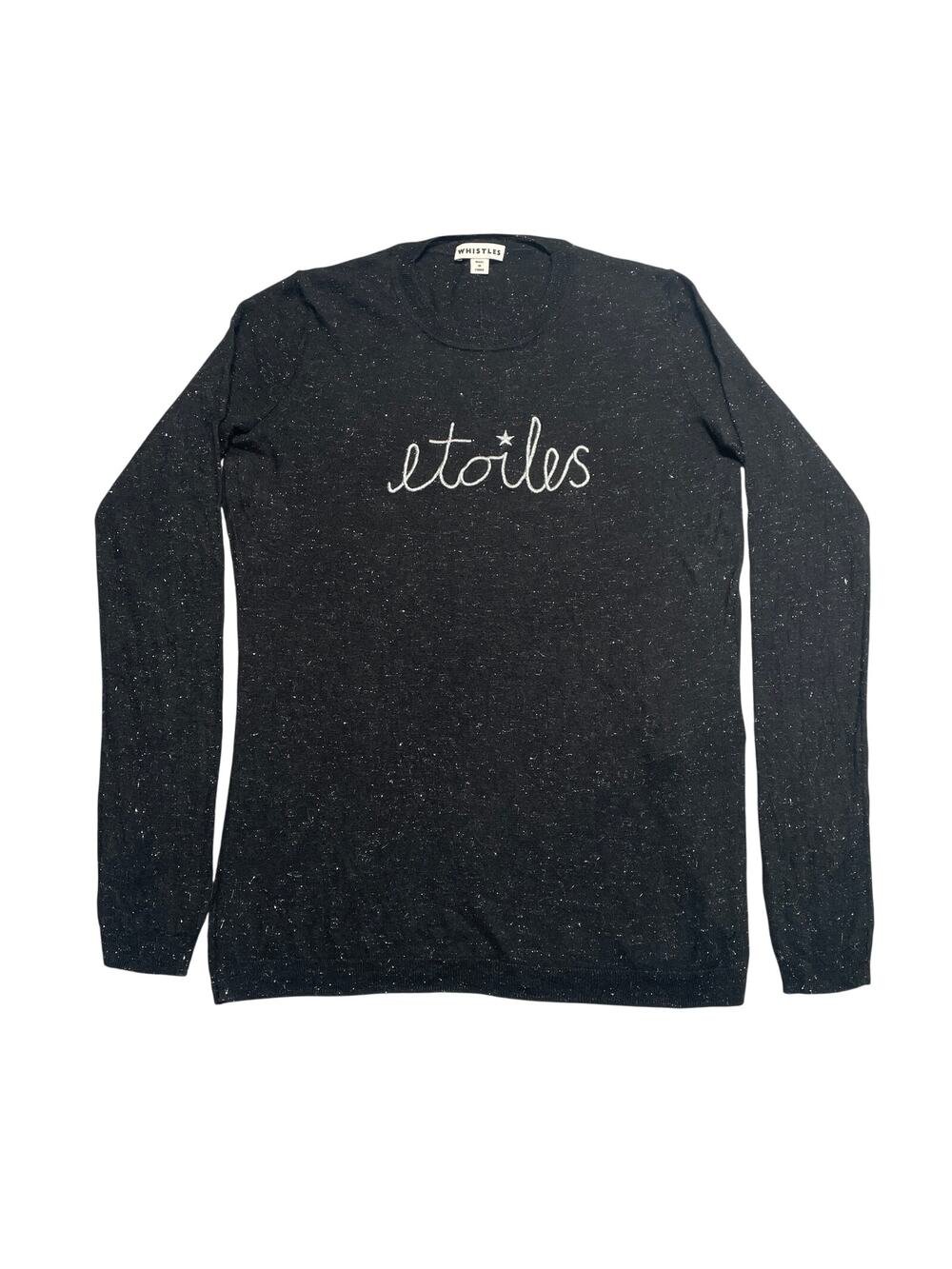 Whistles Sweater Womens 6 Black Etoiles Metallic Shiny Soft Cozy Crewneck